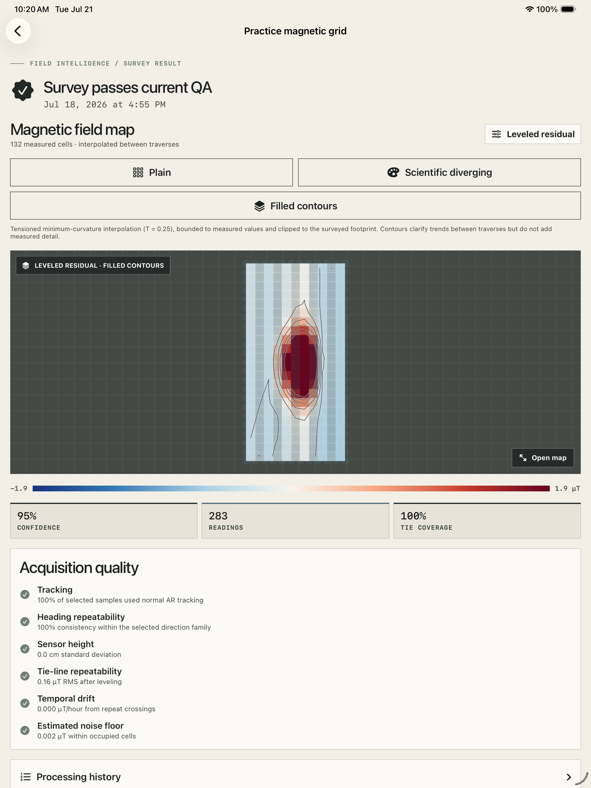 MagTraverse magnetic field map and acquisition-quality review on iPad.