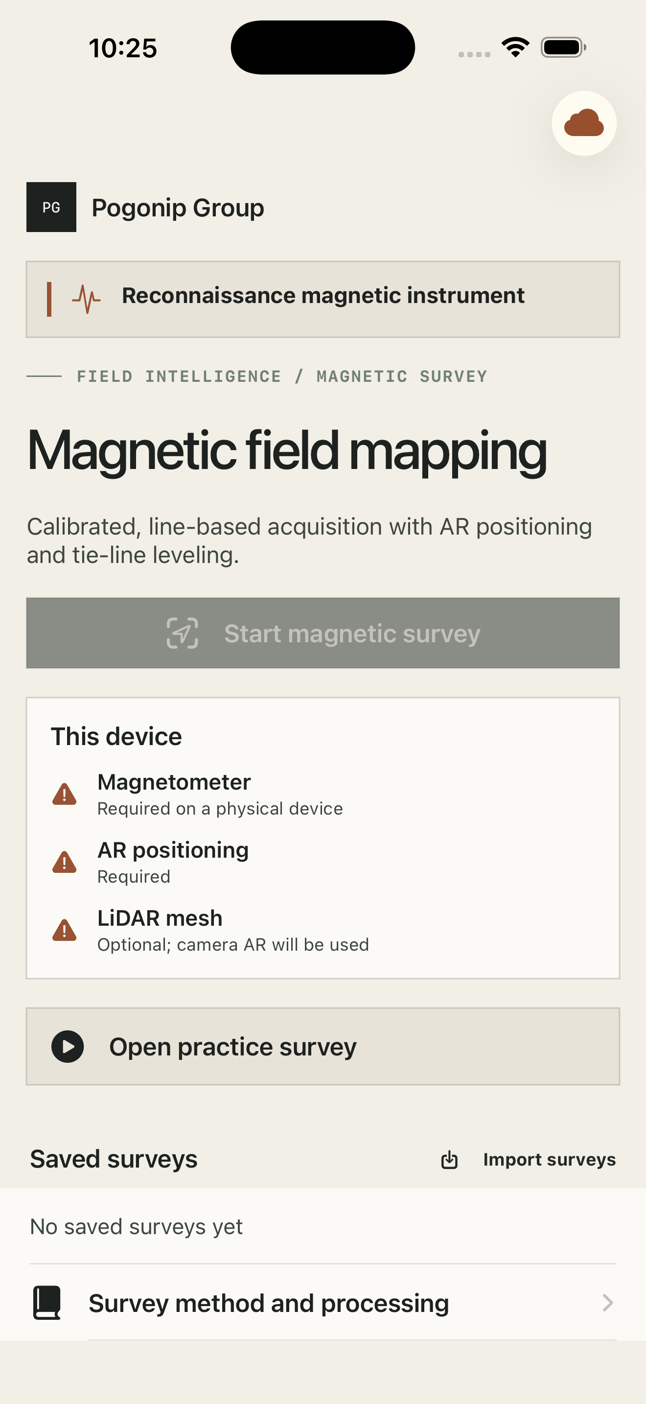 MagTraverse survey home on iPhone showing instrument readiness and saved survey controls.